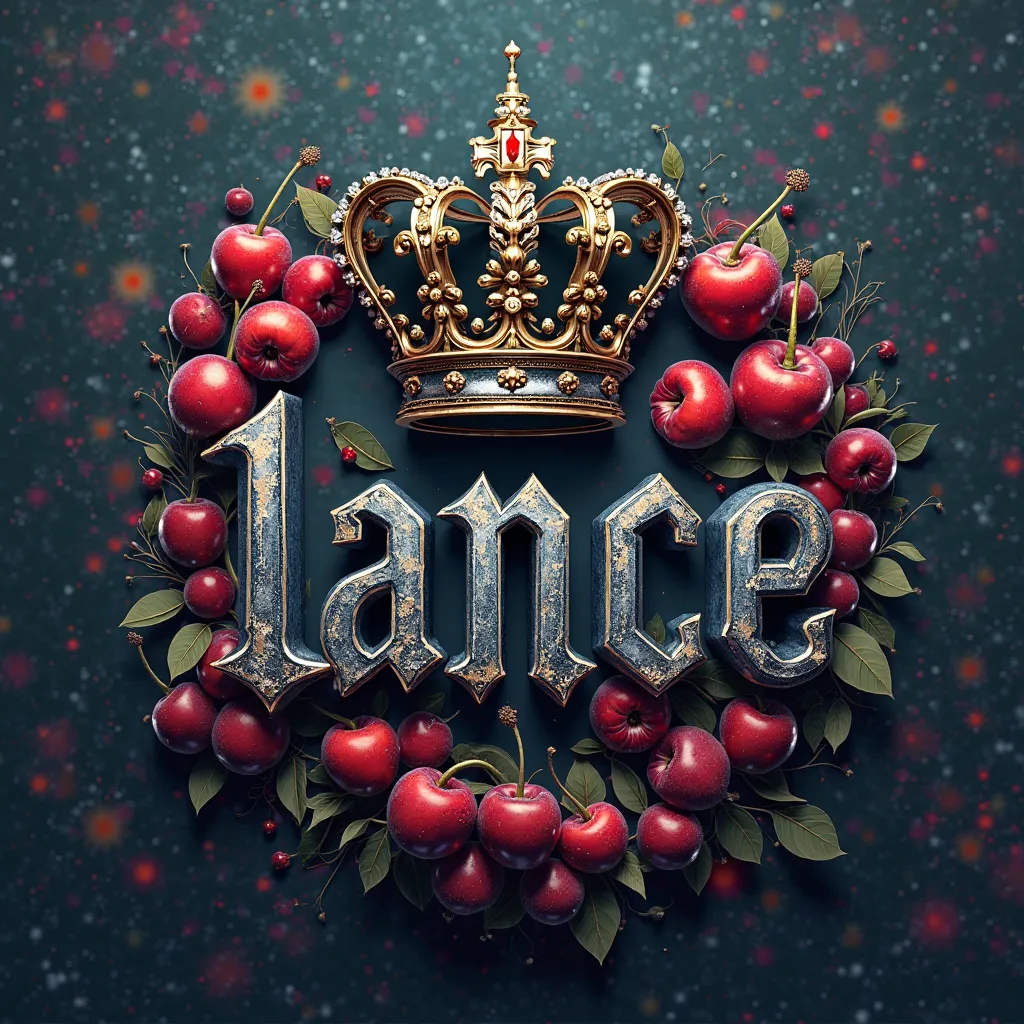 make a image of letter "Lance" for hacker type and make a big crown and cerry fruits on backside and background make it enjoyfull