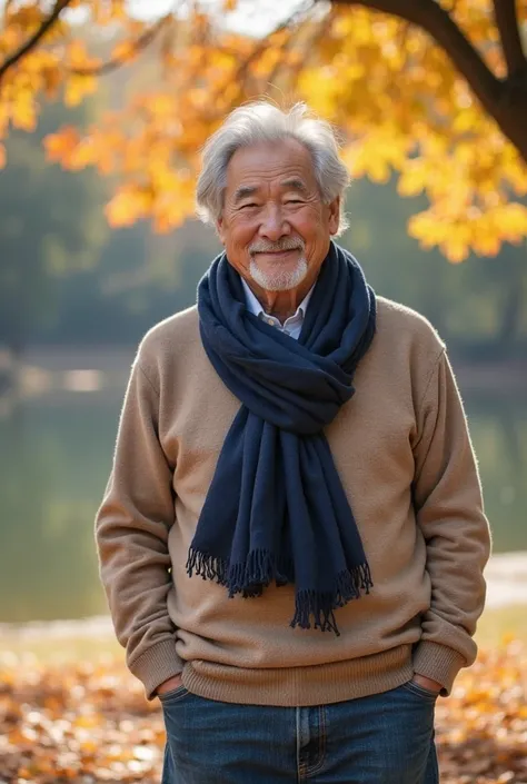 "A wise and kind elderly Korean man in his late 60s, with salt-and-pepper hair and a gentle smile. He is dressed casually yet elegantly in a light brown sweater, a navy-blue scarf, and relaxed-fit jeans. He stands in a peaceful park with autumn leaves fall...