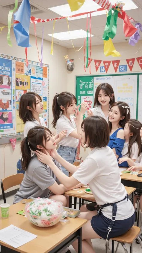 High school students decorating their classroom for the school festival, colorful banners, handmade decorations, cheerful atmosphere, anime-style