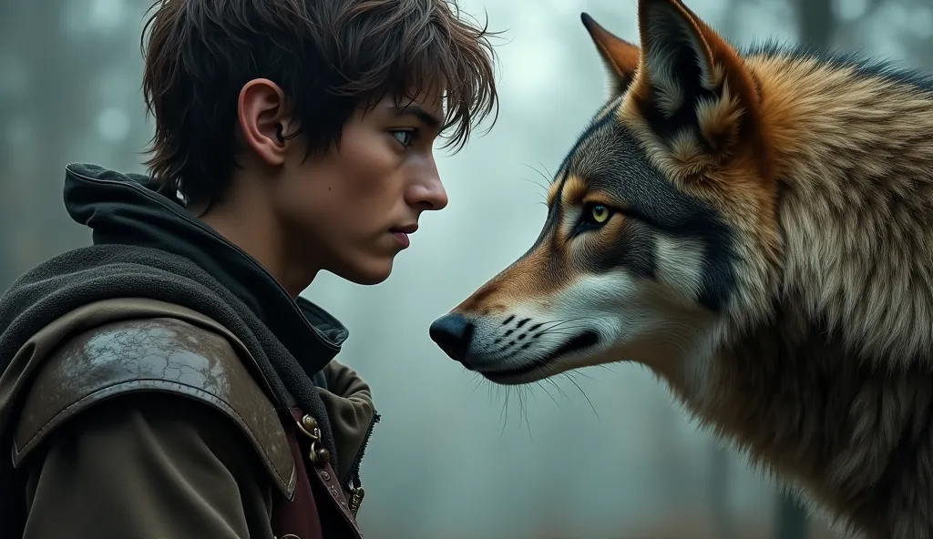 young man with brown hair in medieval clothes, greenish gray eyes, dramatic shadows, intense facial expression and a wolf looking at the camera