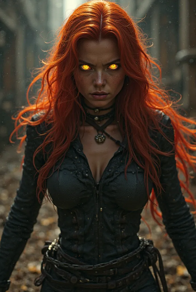 Woman with red hair blackwidow piss off
With yellow eyes