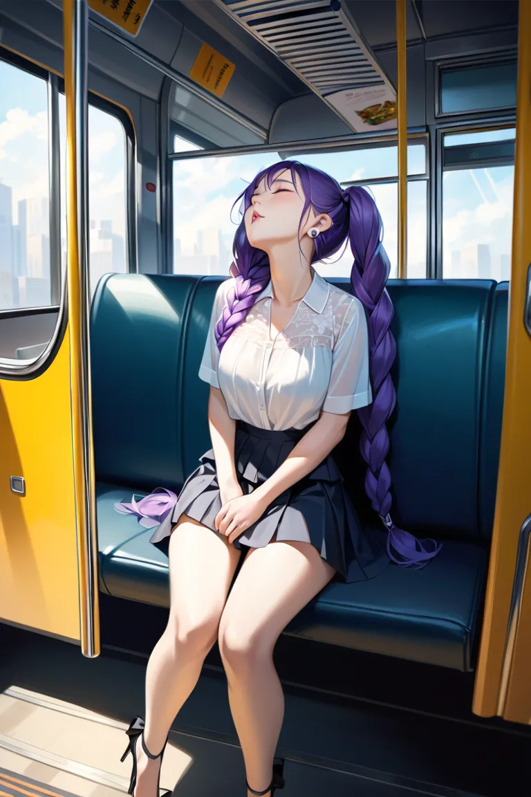 Clear images、Realistic Women、Purple Hair, Braids Twin tails, Slim figure ,Her breasts are slightly larger than normal , Head to toe shot in strappy stiletto heels、 blouse、mini skirt、big ring earrings, sit in the back seat of the bus, He sleeps deeply、With ...