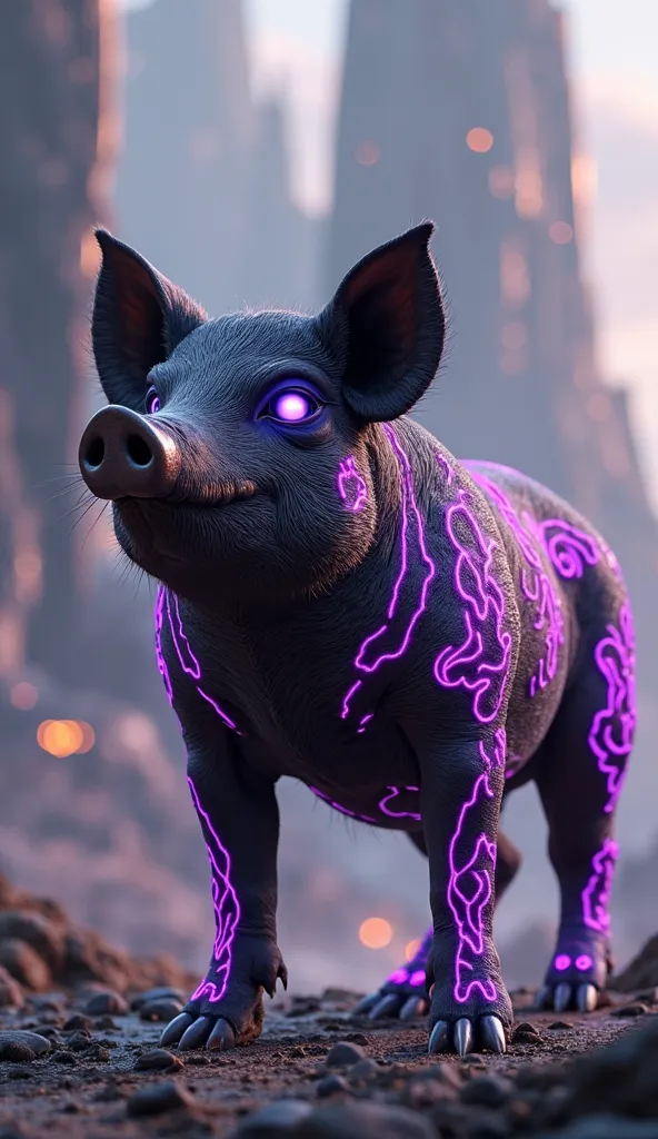 A sleek, black pig with glowing purple tribal patterns, inspired by Wakanda’s tech.

The pig should have sharp claws and a confident, agile stance.

A Wakandan city background would add an epic feel.