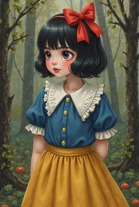 The girl has short black hair,  styled in soft waves .

She wears a red ribbon in her hair, which adds a bit of playfulness.

girl's skin is white as snow,

Her lips are scarlet, which adds contrast to her appearance. paint in realism in the forest

the gi...