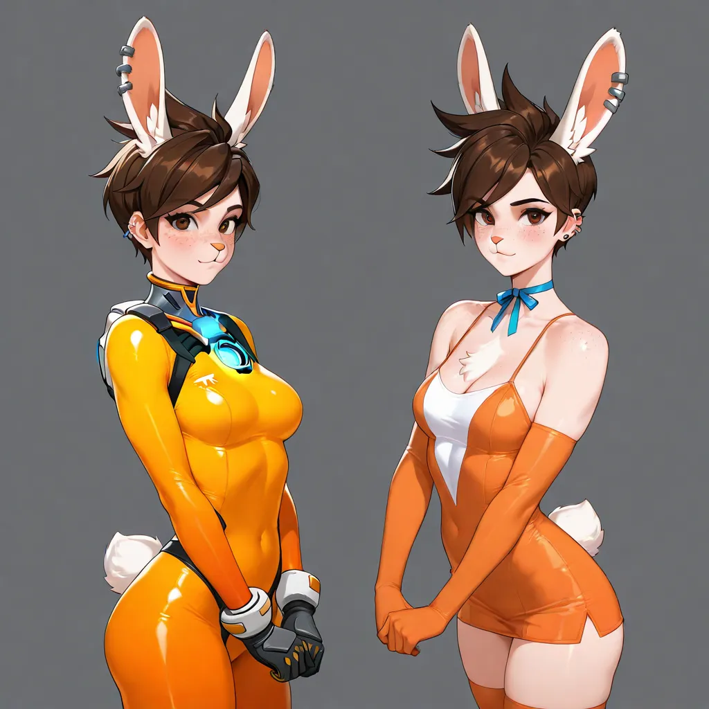 Tracerov2, 1 girl, short hair, brown hair, gloves, brown eyes, freckles, orange bodysuit, combed bangs, piercing, hair with spikes, piercing ears, tight body, bodysuit, tracer (overwatch), ,cre@m_the_rabbit, animal nose, orange dress, blue ribbon, neck rib...