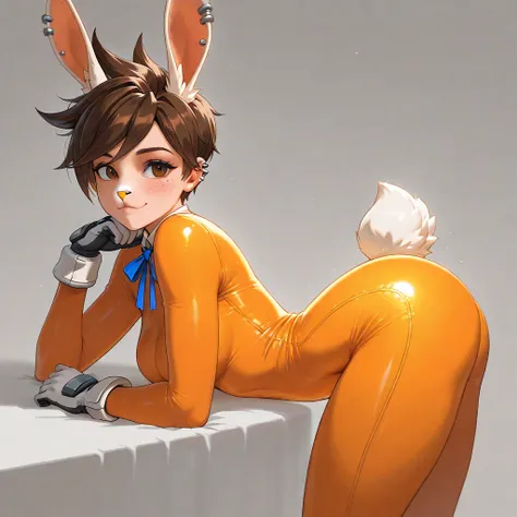 Tracerov2, 1 girl, short hair, brown hair, gloves, brown eyes, freckles, orange bodysuit, combed bangs, piercing, hair with spikes, piercing ears, tight body, bodysuit, tracer (overwatch), ,cre@m_the_rabbit, animal nose, orange dress, blue ribbon, neck rib...