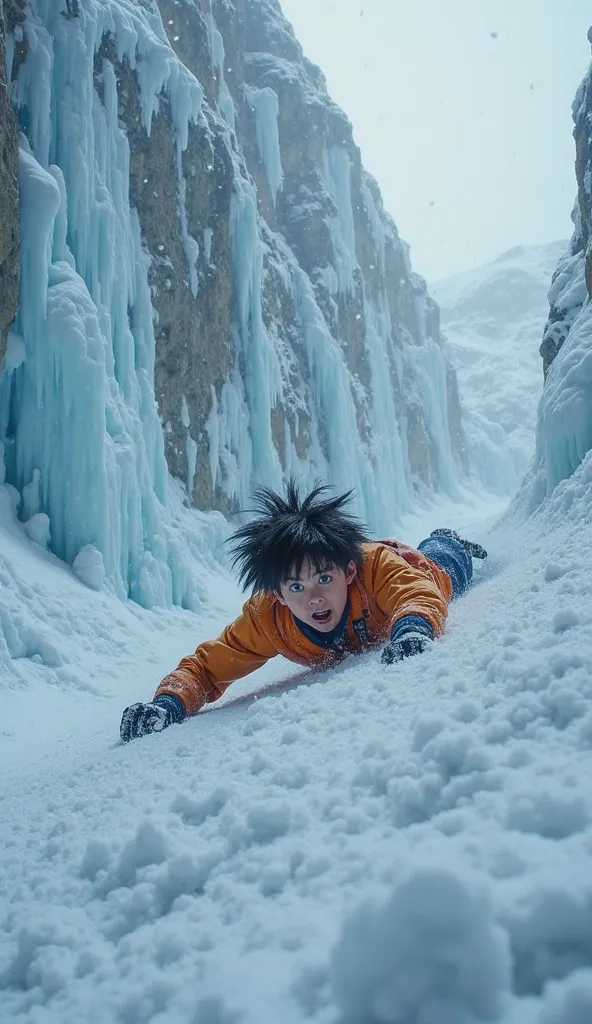 "A terrified  boy resembling Goku is lying face down, sliding uncontrollably across the icy surface of a treacherous snow-covered mountain. His wide eyes and open mouth convey pure fear as he desperately tries to stop himself. Just inches away, a massive f...