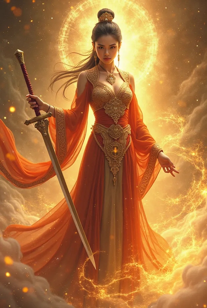 Fiction: A woman wearing a Chinese goddess dress, holding a sword, with white power coming out of gold