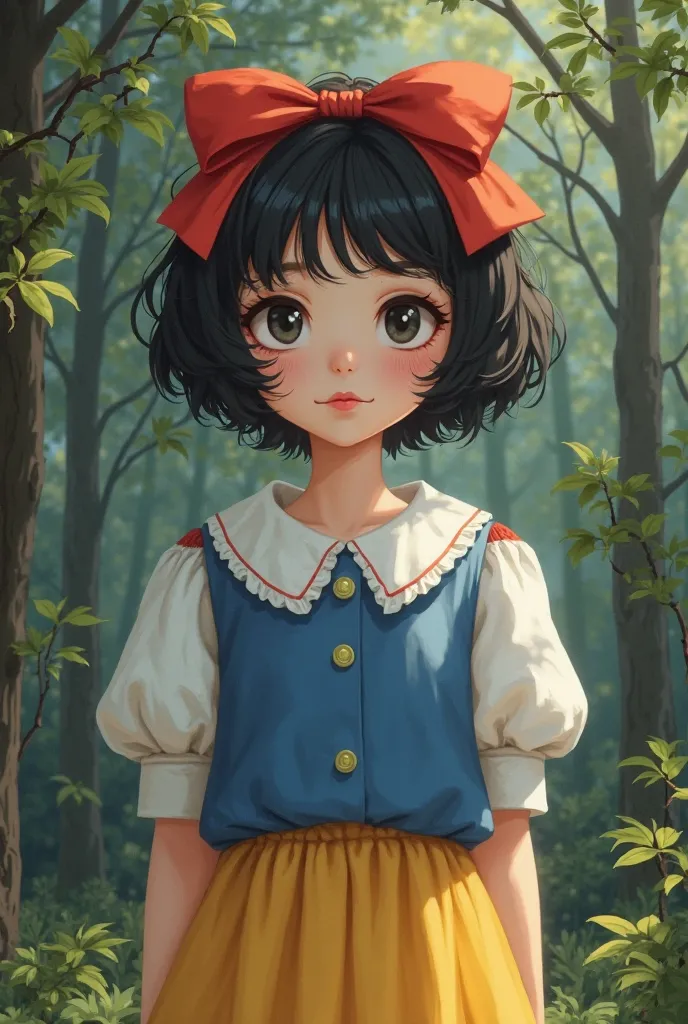 Meth 18 girl has short black hair,  styled in soft waves .

She wears a red ribbon in her hair, which adds a bit of playfulness.

girl's skin is white as snow,

Her lips are scarlet, which adds contrast to her appearance. draw in realism in the forest

the...