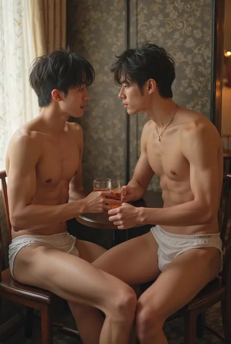  Real Photos、 by Nomi、realistic、 Japanese restaurant private room 、 A naked Japanese beautiful boy is sitting next to a cool Japanese businessman、 A 23-year-old businessman and an 18-year-old beautiful boy are flirting、 Beautiful boys only wear pink bikini...