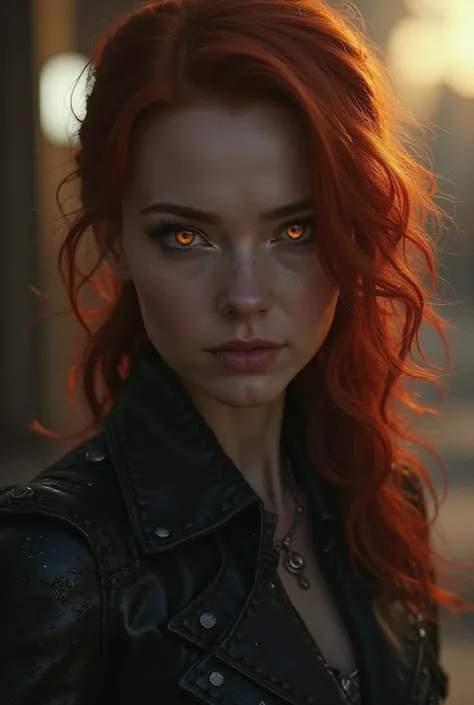 Woman with red hair blackwidow pisses off with golden eyes 