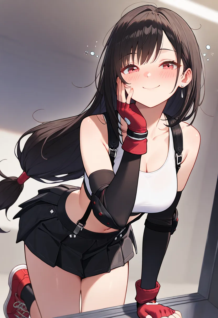 DefTif, red eyes, black hair, low-tied long hair, earrings, white sports bra, black suspenders, black miniskirt, arm warmers, black elbow gloves, elbow pads, red gloves, red footwear best quality ( best quality )、smile,,, best qualitysmile  smile ,,best qu...