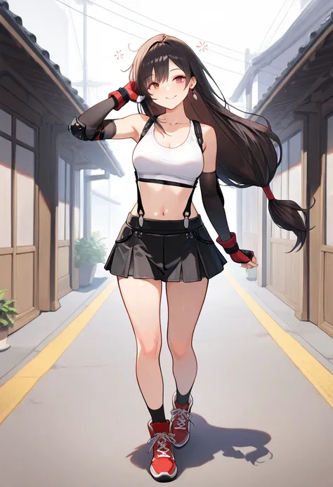 DefTif, red eyes, black hair, low-tied long hair, earrings, white sports bra, black suspenders, black miniskirt, arm warmers, black elbow gloves, elbow pads, red gloves, red footwear best quality ( best quality )、smile,,, best qualitysmile  smile ,,best qu...