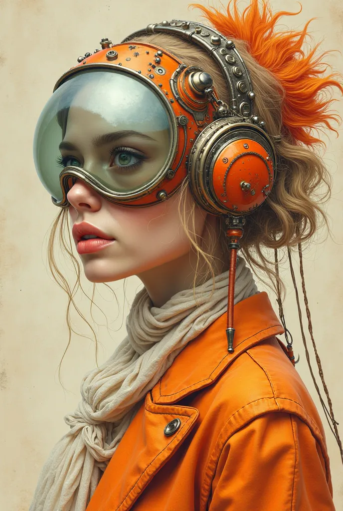 beautiful female with a futuristic-looking face, in the style of fantastical contraptions, facing forward, traditional oceanic art, orange and beige, algorithmic artistry, airbrush art, alexander fedosav, richly colored