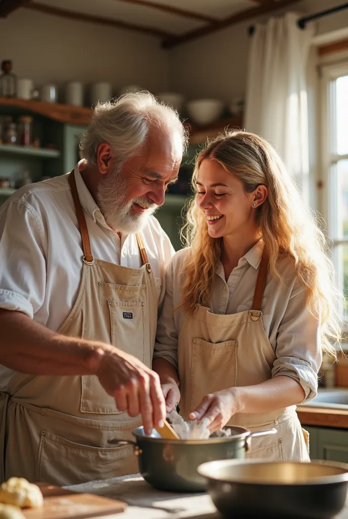  Father with his grown blonde daughter cooking real picture 