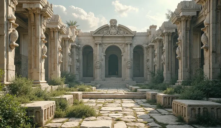 In a ruined white Greek-style temple，There is a proliferation of plant growth，The throne, made of 13 stone carvings, is surrounded by a stone long table in a circle，Shining light at the top of the temple