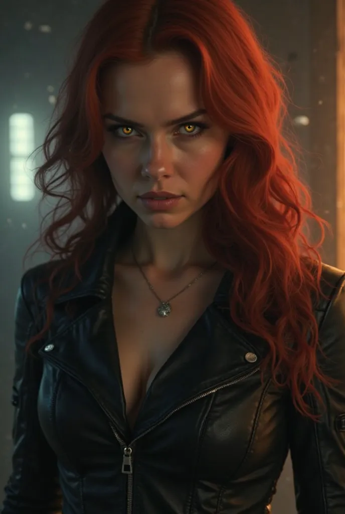 Woman with red hair blackwidow pisses off with golden eyes 