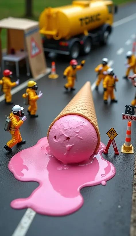 An 'accident' has occurred on the road: a gigantic pink scoop of ice cream has fallen out of a waffle cone and melted, forming a bright pink puddle. Around the scene, miniature rescuers in yellow hazmat suits and gas masks are rushing around, as if dealing...