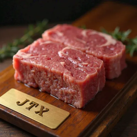 Thick sirloin blocks of high-grade wagyu beef are on a wooden board、is on a gold plate next to the meat「The JTX 」「S5 rank」written in gold letters、Hi-Res, Highest quality, high detail, high definition model, Ultra High Definition, Focus: 35mm, background bl...