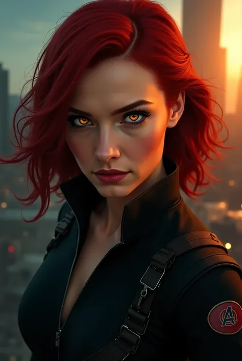 Woman with red hair blackwidow pisses off with golden eyes 