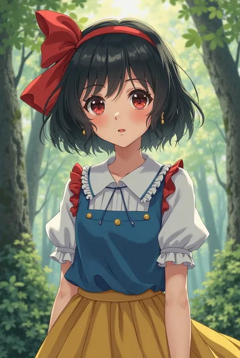 A girl of 18 years old is not real anime and not drawn has short black hair,  styled in soft waves .

She wears a red ribbon in her hair, which adds a bit of playfulness.

girl's skin is white as snow,

Her lips are scarlet, which adds contrast to her appe...