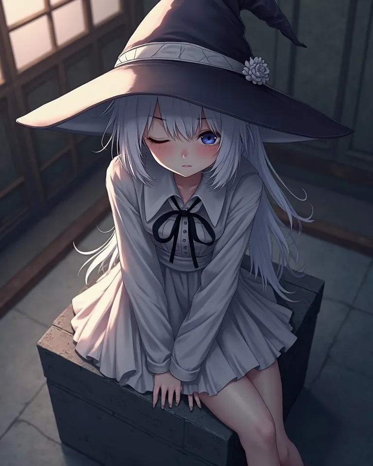 anime girl, witch hat, pale skin, Overhead view, at a ryokan {x} with one eye closed, wearing a cap, Wearing the best, white hair, dark and somber atmosphere,  ponytail hair,  expressionless, detailed animated style character, beautiful girl with flawless ...