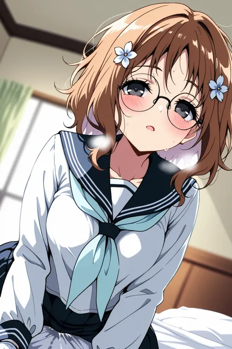 reia_kosu,1 female,solo,pretty,
ohana_matsumae,

short hair,brown hair,hair ornament,
flower,hair flower,stupid hair,long hair,
colored inner hair,

black eyes,big eyes,slant eyes,sleepy eyes,
long eyelashes,silver-rimmed round glasses,

extreme close-up u...