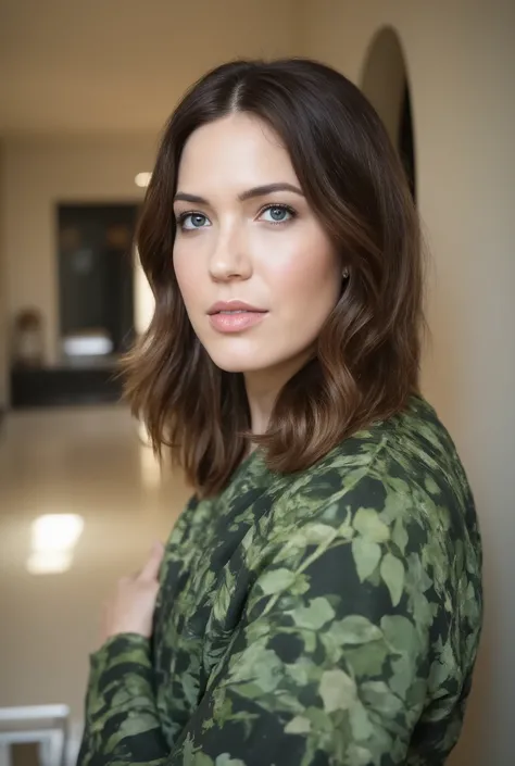 best quality, highres, 8k, masterpiece, photography, detailed midbody photorealistic portrait. Mandy Moore wears a green yukata featuring hand-painted lotus motifs, symbolizing purity and spiritual growth. The fabric is light and comfortable, with subtle g...