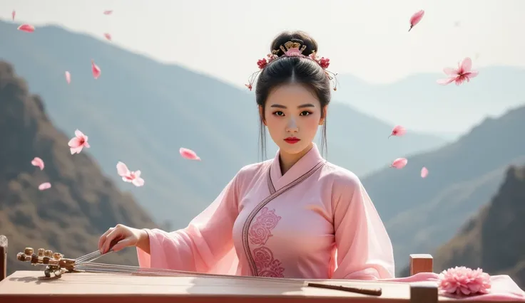 A beautiful woman in a pink dress playing a guzheng on a balcony, set against a backdrop of misty mountains and cherry blossoms, traditional Chinese aesthetic, high-quality details, falling petals." A beautiful dancer in ancient China,delicate lines,gorgeo...