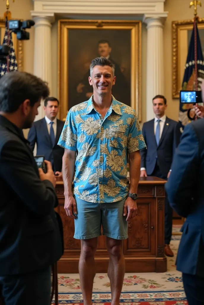 Meeting in the Oval Office of the White House between Trump and Zelensky, Reply to journalists.. Zelensky in shorts and Hawaiian backwards in the photo
