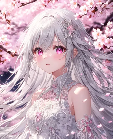 (masterpiece, best quality:1.2), (absurdres,  highres, ultra-detailed), (perfect anatomy), cherry blossoms、night、 fluffy long hair 、 Silver Hair 、Pink Eyes、background glitter 、white dress

(8k, RAW photo:1.2),detailed face and eyes,intricate detail ,master...