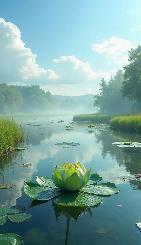 A peaceful, serene lake under the bright, clear sky of daytime. The water is still and reflects the azure blue sky and the light clouds drifting lazily overhead. Around the lake, giant lotus buds float on the surface, their green, tightly closed petals sti...