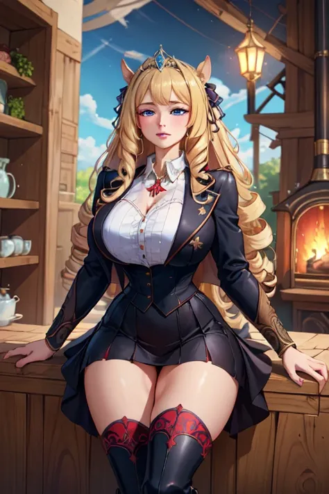 (masterpiece, best quality, absurdres, 4k, aesthetic, detailed, intricate),1girl,nikkecrwn,tiara, hair ribbon, long blonde drill hair, drill locks, red and grey royal dress:1.3, black fur coat:1.4,thigh gap 1.5, bracele,  equestrian uniform,Riding skirt, t...