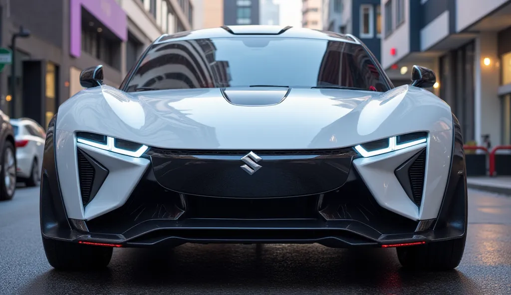 Frount       "A high-performance electric SUV, the ( 2025 Maruti Suzuki fronx   wraith showcased from the front in a futuristic urban setting. The car features an aggressive aerodynamic design with a sculpted hood, sharp LED headlights, and a sleek illumin...