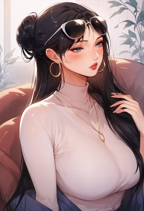  sexy and beautiful mom  , Hoop Earrings,I have black hair, long back hair , blush,blue eyes,  necklace ,One bun ,  Lipstick,   light purple turtleneck ,  dark , fuchsia shorts , black sunglasses worn on the head 