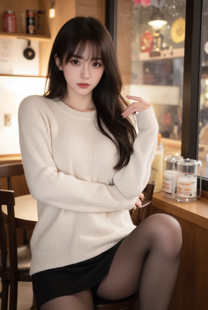 Light Color Knitwear Black Long Straight Hairstyle Young Women Black Pantyhose Black Short Skirt Big Boobs Cafe 