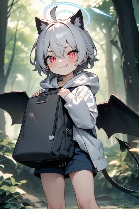 （masterpiece：1.2，high quality），8K，High resolution，A seven-year-old boy，cute boy，white hair，short hair，light red eyes，slit pupils， ahoge，cat ears，evil smile，fang out，Halo，It has black wings on the back，Wearing a white hoodie，Dark blue shorts，Stand in the fo...