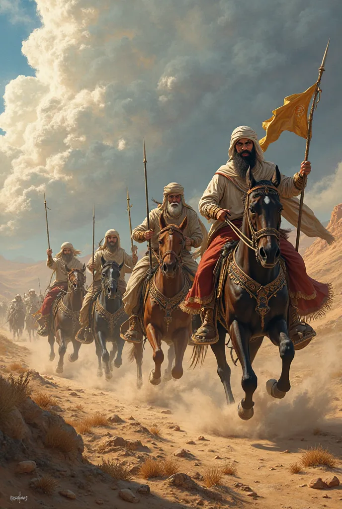 Makes several companions of the Prophet Mohammed who on horseback runs towards the enemy with an arrow 