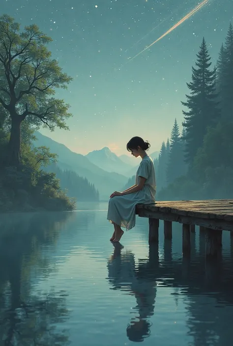 Creates a girl on the edge of a bridge on a lake, the girl is sitting on the bridge reflecting herself and looking at the lake water, water reflects stars shooting star