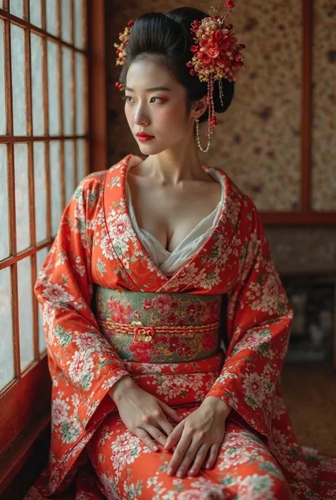 . A pretty girl geisha, about 20 years old, wears a seductively traditional kimono..  she has an open chest, revealing her plump big breasts . , her waist is small and her hips are big . Her butt is tight and round 