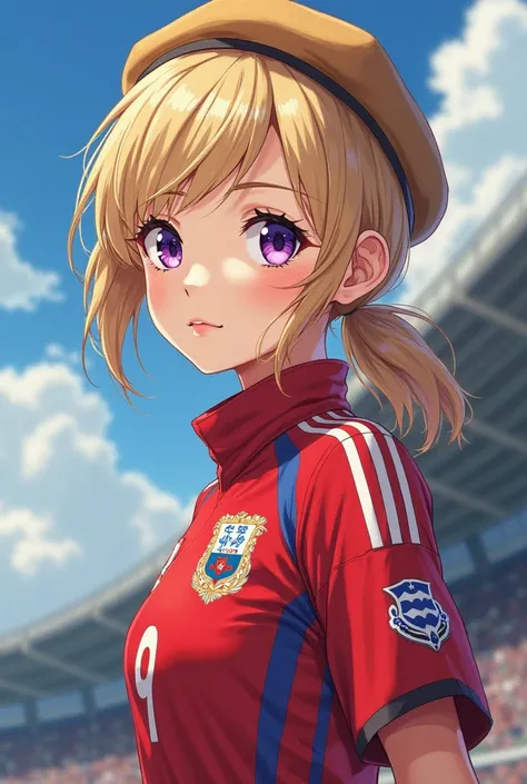 A blonde girl Clara, purple-eyed, With a Russian aura, De Conflection Delgada, wearing a camel-colored beret, Russian national team uniform , goalie gloves, In Russia , Anime Style