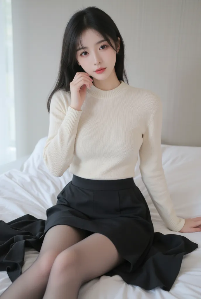 Light color sweater black long straight hairstyle for young women black pantyhose black skirt big boobs  