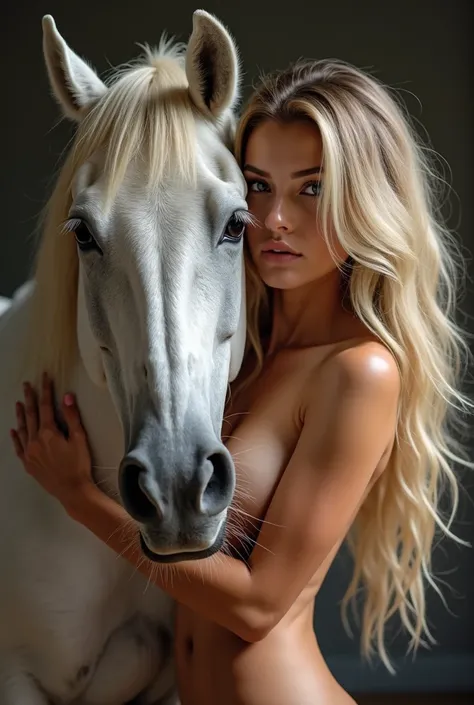 Hyperrealistic image of a horse making love to a very pretty sexy attractive blonde girl Exuberant with big perfect breasts about 23 years old completely naked.