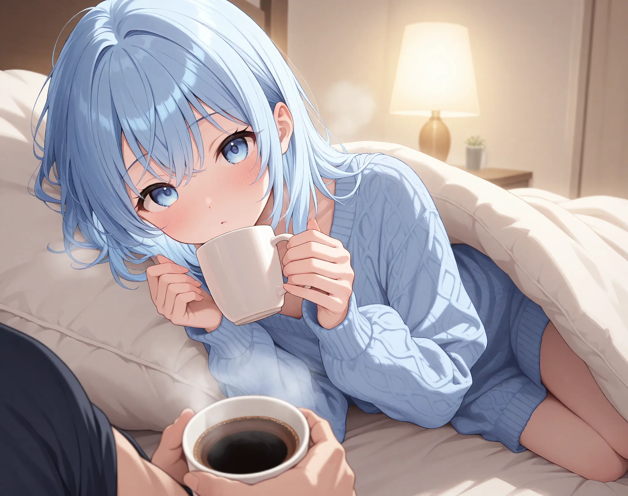 male, He has light blue eyes, very long patter blue hair down his back. Solo, he's looking shy. sitting in bed, with a cup of coffee.