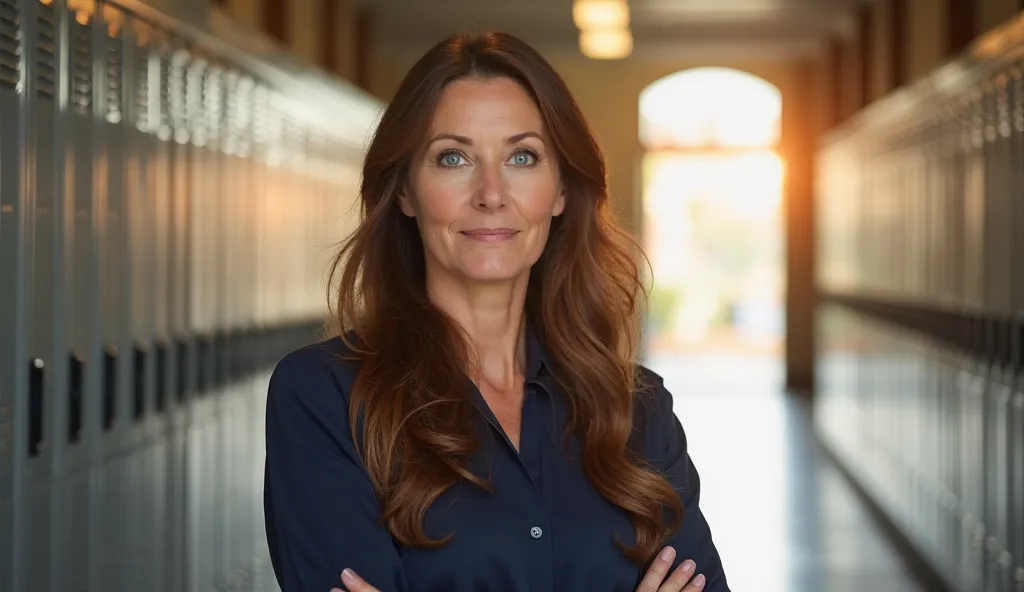 A confident middle-aged woman with striking blue eyes and long, wavy, chestnut-brown hair stands in a well-lit school hallway. Her expression is calm and assertive, with a hint of a smile at the corners of her lips. She is wearing a navy-blue blouse, which...