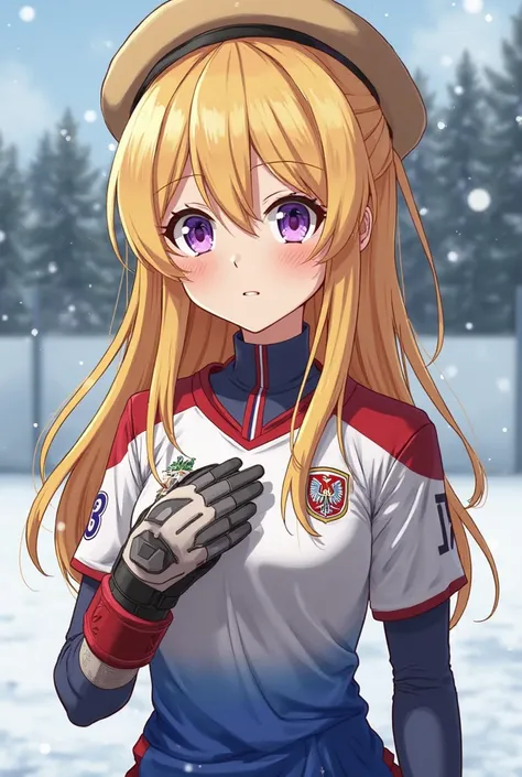 A blonde girl Clara, purple-eyed, With a Russian aura,  looking serious and impressive , De Conflection Delgada, wearing a camel-colored beret, Russian national team uniform , goalie gloves, In Russia , Anime Style