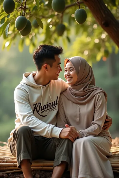 40 year old handsome man from Indonesia, short black hair, wearing a hoodie sweater with the name "KHAIRUL" written on it (beautiful and detailed writing), 3/4 cargo pants, flip-flops. and a beautiful 35-year-old Indonesian hijab-wearing woman (the man's w...