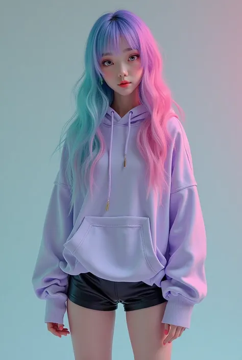 A young 5’6 Asian woman with cyan-turquoise hair with pink and purple highlights that slowly fade into a lilac purple at the bottom. She wears an oversized hoodie, black shorts and ankle boots.