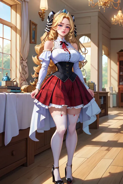 (masterpiece, best quality, absurdres, 4k, aesthetic, detailed, intricate),1girl,nikkecrwn,tiara, hair ribbon, long blonde drill hair, drill locks, Oppulent historically accurate victorian dress, plaid micro skirt, off shoulders white tank top, white frill...