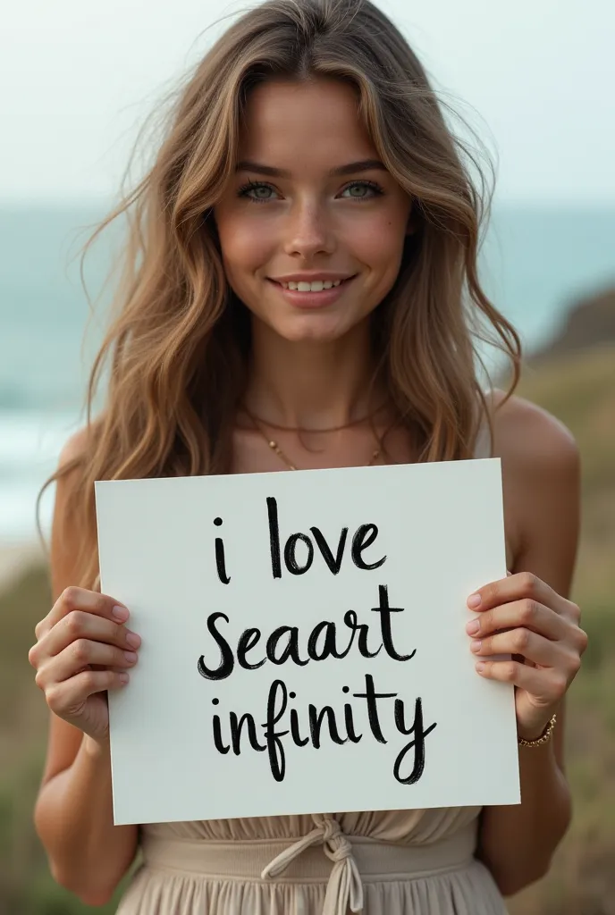 Beautiful girl with wavy long hair, bohemian dress, holding a white board with text "I Love Seaart Infinity" and showing it to the viewer